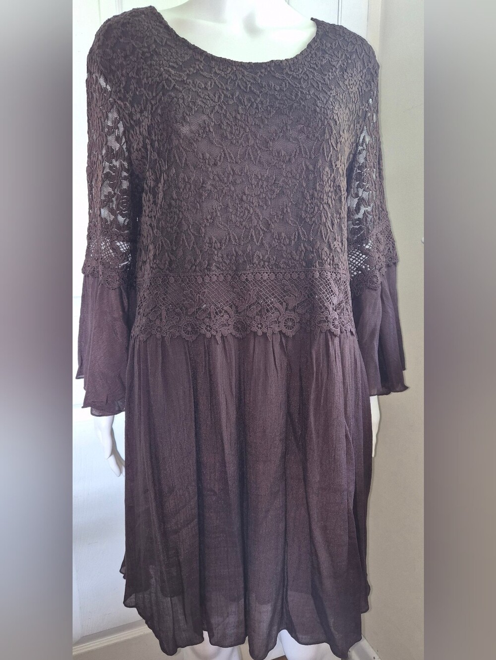 Indigo Soul Brown Lace Crochet Bell Sleeve Dress